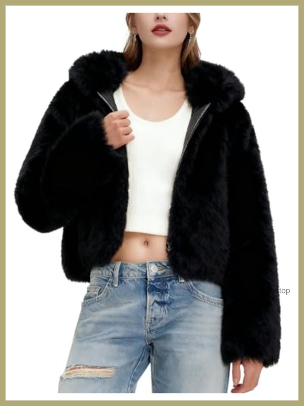 Womens Faux Fur Coat Cropped Fluffy Hooded Zip Up Winter Jacket Pockets